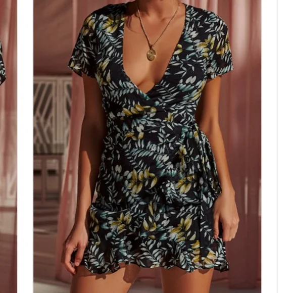 Gypsy Love Wrap Mini Dress Ruffle Boho Black - Picture 3 of 8